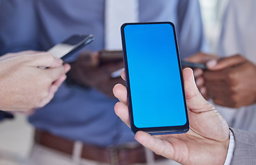 Image showing Phone green screen and people hands for mobile app, networking mockup and product placement. Smartphone of business group, blue mock up communication, social media chat or website ux for contact us