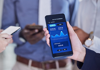 Image showing Stats, finance and hands with data on a phone, cryptocurrency growth and fintech analytics. Investment, nft trading and businessman showing mobile app for financial investing and stock market wealth