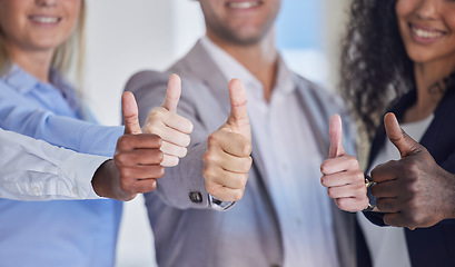 Image showing Thumbs up, hands and business people agreement with diversity, yes and success with motivation and collaboration. Achievement, hand sign and emoji with employee group, like and solidarity with team