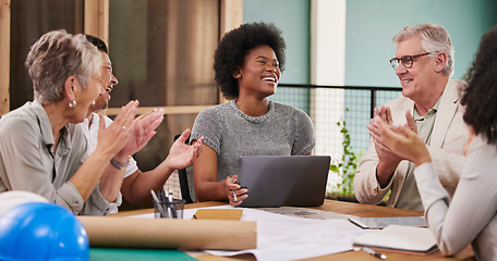 Image showing Celebration applause, diversity or architect team happy for real estate development idea or architecture engineering plan. Achievement, excited group and black woman with floor plan proposal success