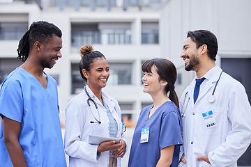 Image showing Doctors, happy or team building with tablet outdoor for collaboration, networking or medicine search. Medicine, medical or group of nurse smile with 5g tech for idea research, innovation or analytics