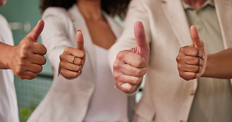 Image showing Business people, hands and thumbs up for good job, winning or yes in agreement at the office. Group of employee workers showing hand sign or emoji in team support for like, agree or yes at workplace