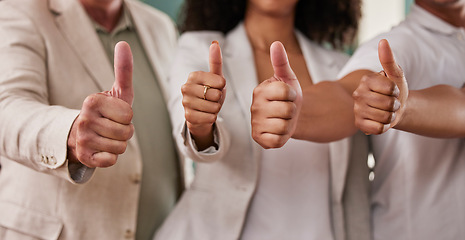 Image showing Business people, hands and thumbs up for winning, agreement or good job at the office. Group of employee workers showing hand sign or emoji in team support for like, agree or yes at workplace