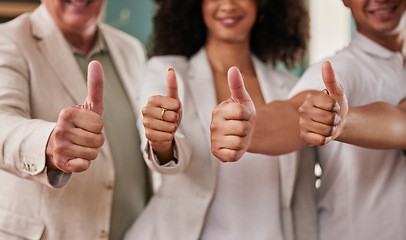 Image showing Business people, hands and thumbs up for winning, team or agreement in good job at the office. Group of employee workers showing hand sign or emoji in support for like, agree or yes at workplace