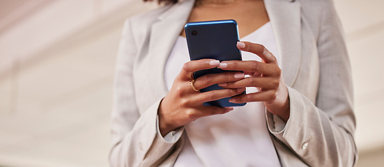 Image showing Woman, hands and phone in networking for communication, social media or texting for conversation. Hand of female person on mobile smartphone chatting, browsing or searching in 5G connection on mockup