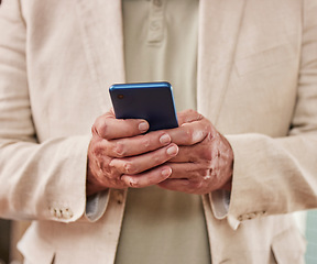 Image showing Businessman, hands and phone in networking for communication, social media or texting for conversation. Hand of male on mobile smartphone chatting, browsing or searching in research or discussion