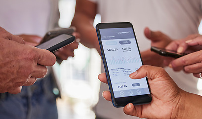 Image showing Phone screen, stock market and trading with people hands, fintech and investment with cryptocurrency and dashboard. Smartphone, technology and invest with data and graph, stocks with economy and app