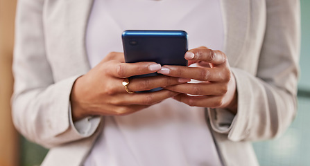 Image showing Woman, hands and phone in networking for social media, communication or texting for conversation. Hand of female person on mobile smartphone chatting, browsing or searching in research or discussion