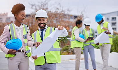 Image showing Construction worker team, discussion and blueprint for planning vision, strategy and paper for building design. Architect group, black woman and men with tablet, helmet and teamwork for development