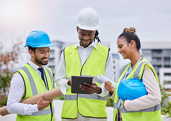 Image showing Digital tablet, construction site and team of engineer at building creative, planning or strategy. People, collaboration or architect group online on thinking, problem solving or engineering on space