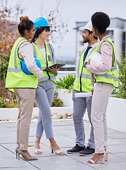 Image showing Architecture group discussion, tablet and planning vision, strategy or blueprint for property with team. Architect teamwork, black woman and men with collaboration, helmet and goals for development