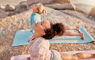 Image showing Yoga, wellness and woman friends on the beach together for mental health or balance in summer from above. Exercise, diversity or nature with a female yogi and friend practicing meditation outside