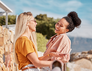 Image showing Diversity, happy or friends laughing to relax while speaking or talking about funny jokes on summer holiday vacation. Florida, smile or women enjoy traveling or bonding on girls trips with freedom