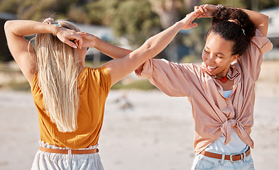 Image showing Infinity, happy or friends at a beach holding hands relaxing or laughing on summer holiday vacation in Florida. Bonding, smile or women enjoy traveling to sea or ocean on girls trips with freedom