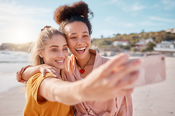 Image showing Beach, selfie and friends on summer, vacation or holiday, happy and smile while bonding by the ocean. Travel, freedom and women hug for photo, profile picture or social media post in Miami