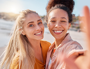 Image showing Friends, portrait and beach selfie on summer, vacation or holiday, happy and smile while have fun. Travel, face and freedom by women hug for photo, profile picture or social media post in Miami