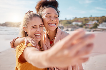 Image showing Selfie, beach and friends with tongue out face on summer, trip or holiday, fun and silly on mockup background. Emoji, faces and women pose for photo, profile picture or social media post in Miami