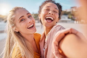 Image showing Women, beach and selfie portrait on summer, vacation or holiday with funny, crazy and happy smile. Travel, face and freedom by friends hug for photo, profile picture or social media post in Miami