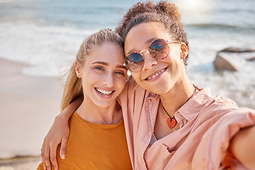 Image showing Selfie, beach and portrait of women on summer, vacation or trip, happy and smile on mockup background. Travel, face and freedom by friends hug for photo, profile picture or social media post in Miami