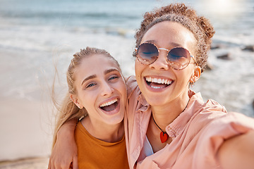 Image showing Beach, selfie and portrait of women on summer, vacation or trip, happy and smile on mockup background. Travel, face and freedom by friends hug for photo, profile picture or social media post in Miami