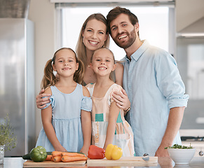 Image showing Portrait of parents and children cooking with vegetables in kitchen for lunch, dinner or meal prep ingredients. Family, food and smile of mom, dad and girls learning, teaching and helping at home