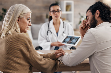 Image showing Neurology, fear and doctor with mother and son, mri brain scan or x ray diagnosis for cancer. Consulting, man and woman in doctors office with stress, health problem, healthcare patient in hospital