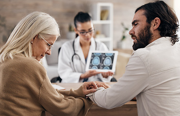 Image showing Brain, scan and doctor with mother and son for mri results or xray diagnosis for cancer on tablet. Healthcare, advice and patient in doctors office consulting on health problem for hospital treatment