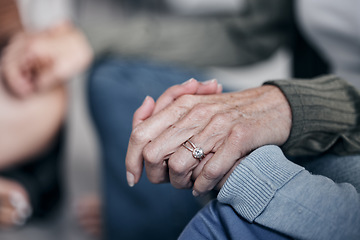 Image showing Holding hands, praying or therapy with group, support and worship with mental health, faith and empathy for people in crisis. Psychology, trust and respect with community in counseling for trauma