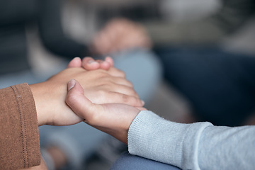 Image showing Holding hands, support and trust with counseling or praying, support group and worship, mental health and people in crisis. Psychology, empathy and prayer, respect and community therapy for trauma