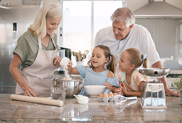 Image showing Kitchen, baking and senior family with children bonding, love and learning in morning with breakfast support. Real people or grandparents and girl kids teaching, cooking and food for home development