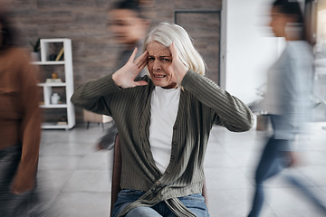 Image showing Anxiety, bipolar and woman with mental health problem, focus and psychology crisis in busy office. Stress, depression and burnout or dementia of senior person with fast people, speed or walking crowd