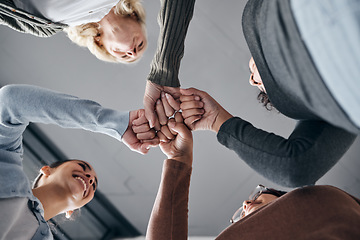 Image showing People, hands and smile for fist bump below in trust, unity or collaboration together in solidarity. Hand of support group bumping fists in team agreement or coordination for community achievement