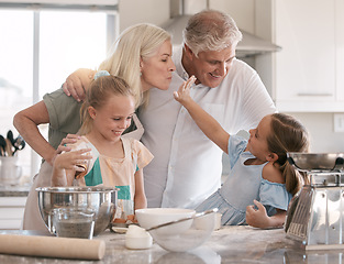 Image showing Happy family, baking and children helping grandparents in home kitchen with food. Woman, man and girl kids learning to make cookies, pancakes or cake for breakfast with love, care and teamwork