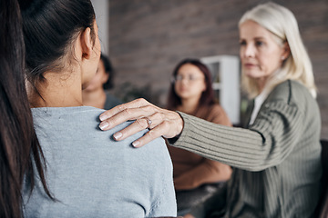 Image showing Woman, therapist and community support group for understanding addiction, mental health or counseling. Female counselor or shrink helping people in healthcare, therapy session or meeting for advice