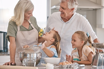 Image showing Baking, love and senior family with children in kitchen care, bond and learning for morning breakfast help. Real people or grandparents and girl kids teaching, cooking and food with child development