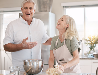 Image showing Old couple baking together, happy with baker skill and spending quality time in retirement, marriage and laughter. Funny with elderly people in kitchen, trust and bonding with cooking and happiness