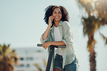 Image showing Phone call, scooter and black woman in city talking, chatting or speaking outdoors. Travel, communication and happy female with electric moped and 5g mobile for conversation and networking in street.