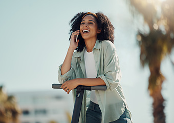 Image showing Phone call, city scooter and black woman talking, chatting or speaking outdoors on street. Travel, communication and happy female with electric moped and 5g mobile laughing at comic conversation.