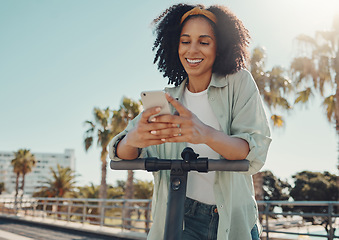 Image showing Scooter, technology and black woman with phone in city for social media, texting or web scrolling. Travel, communication and female with electric moped and 5g smartphone laughing at meme in street.