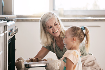 Image showing Wow child, girl or oven baking grandparent, senior or elderly woman in kitchen, bonding house or family home. Happy surprised or amazed cooking kid with grandmother in dessert, cake or food learning