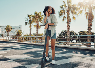 Image showing City, phone call and black woman on scooter talking, chatting or speaking outdoors on street. Travel, communication and happy female with electric moped and 5g mobile laughing at comic conversation.