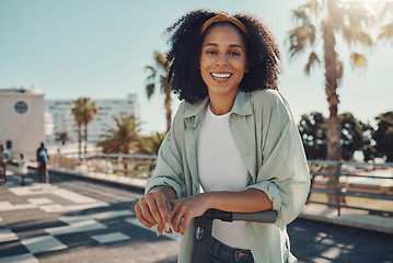 Image showing Portrait, scooter travel and black woman in city with eco friendly transportation outdoors. Technology, transport sustainability and happy female from South Africa with electric moped in street.