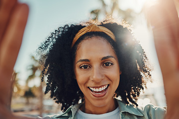 Image showing Face portrait, selfie and happy black woman taking pictures to remember memory, social media or profile picture. Smile, beauty and female from South Africa taking photo outdoors in nature or park.