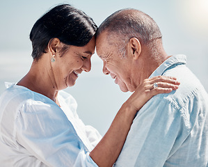 Image showing Mature couple, bonding or forehead touch in hug, love or support trust in garden, backyard or nature. Smile, happy or retirement embrace man and elderly woman for marriage security or life insurance