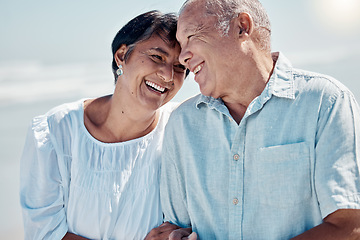 Image showing Senior couple, ocean and smile for love, relax and travel on summer holiday, vacation and date. Happy retirement, man and woman at beach for happiness, support and trust in care together in sunshine