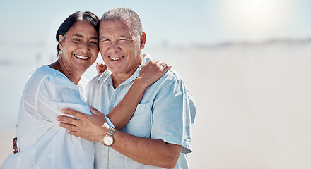 Image showing Senior couple, beach and portrait of love, relax and mockup on summer holiday, vacation or date. Happy retirement, man and woman hug at ocean for happiness, support or smile together in calm sunshine