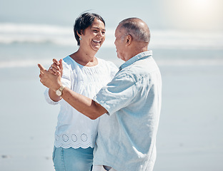 Image showing Senior couple, beach and dancing for love, care and romance on summer holiday, vacation and date. Happy man, woman and dance at sea for anniversary, smile and support in nature, sunshine and marriage