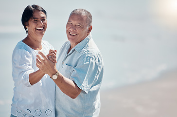 Image showing Senior couple, beach and portrait of dancing with mockup for love, care and date on summer vacation. Happy man, woman and dance at sea with mock up, smile and support in nature, sunshine and marriage