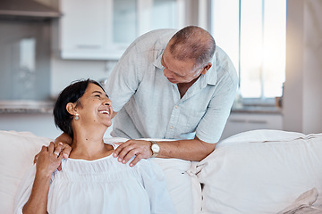 Image showing Relax, retirement and happy with a senior couple in the living room of their home together for love. Sofa, bonding or marriage with a mature man and woman relaxing in the lounge of their house