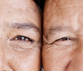 Image showing Love, eyes and half with a senior couple closeup, face touching skin wrinkles for romance in retirement. Zoom, elderly or pension with a mature man and woman bonding while feeling hope or nostalgia